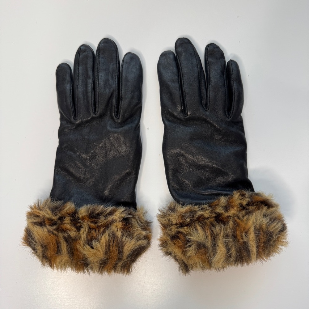Black Faux Leather Gloves Faux Fur Trim Size Medium Neutral